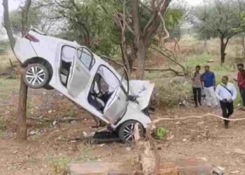 नया रायपुर में हैरान कर देने वाला हादसा: दो पेड़ों के बीच लटकी कार, डॉक्टर घायल
