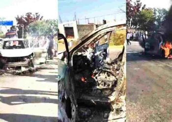 मुंगेली में बड़ा हादसा: शादी से लौट रही कार में लगी आग, दूल्हा-दुल्हन समेत 7 लोगों ने कूदकर बचाई जान